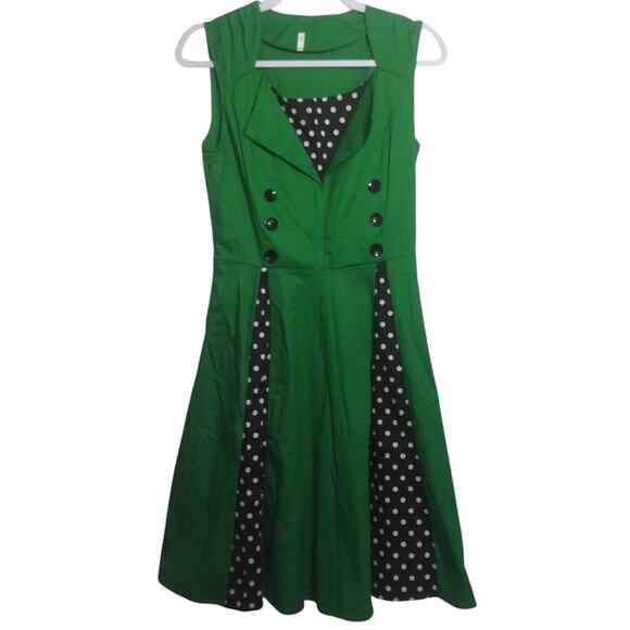 Vintage Retro 50s Rockabilly Green Sleeveless Polka Dot Flare Dress Size Small - Picture 1 of 7